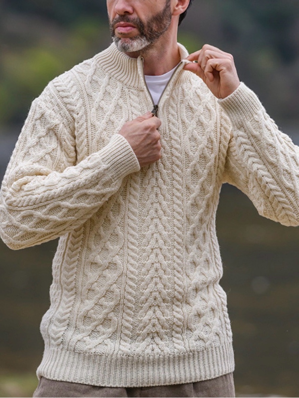 Aran Crafts Cream Cable-Knit Half-Zip Sweater